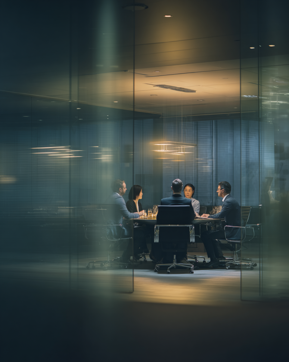 Executive boardroom discussion seen through frosted glass