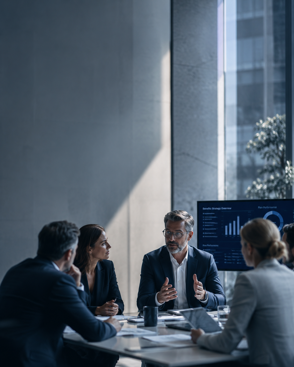 Benefits professionals reviewing a strategy overview in a meeting